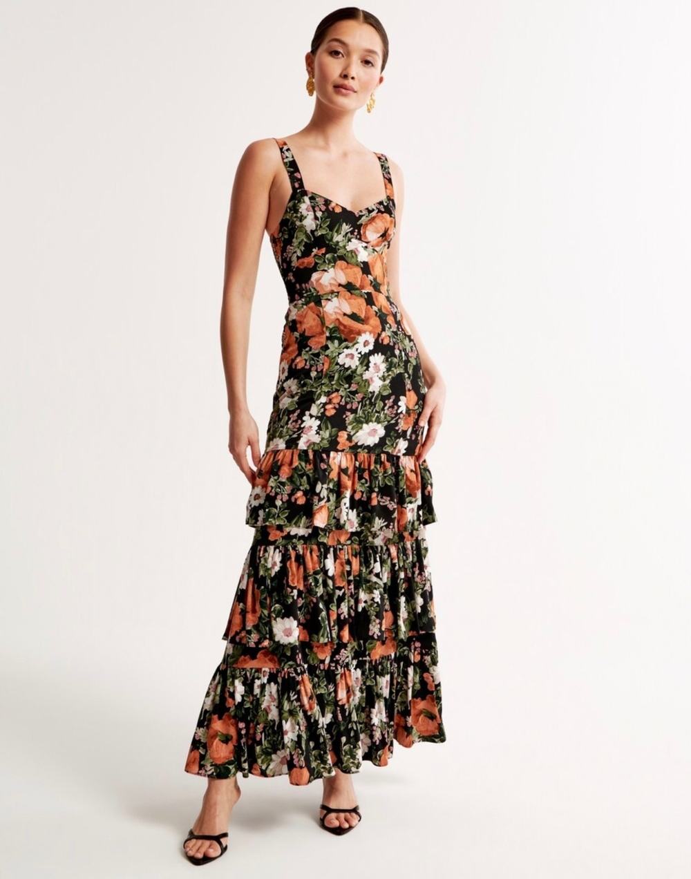 Abercrombie & Fitch Ruffle Tiered Floral Maxi Dress Black Size XS